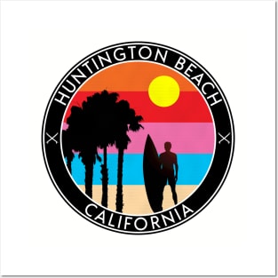 HUNTINGTON BEACH CALIFORNIA SURFING SURFER PALM TREES OCEAN VACATION Posters and Art